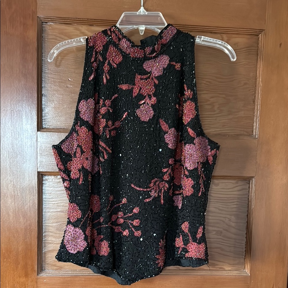 Black and Pink Sequin Sleeveless Top with Mandarin Collar